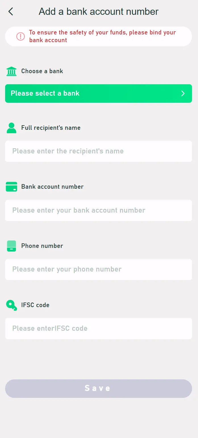 Yaar Win add bank account form showing bank selection, account number, IFSC code fields