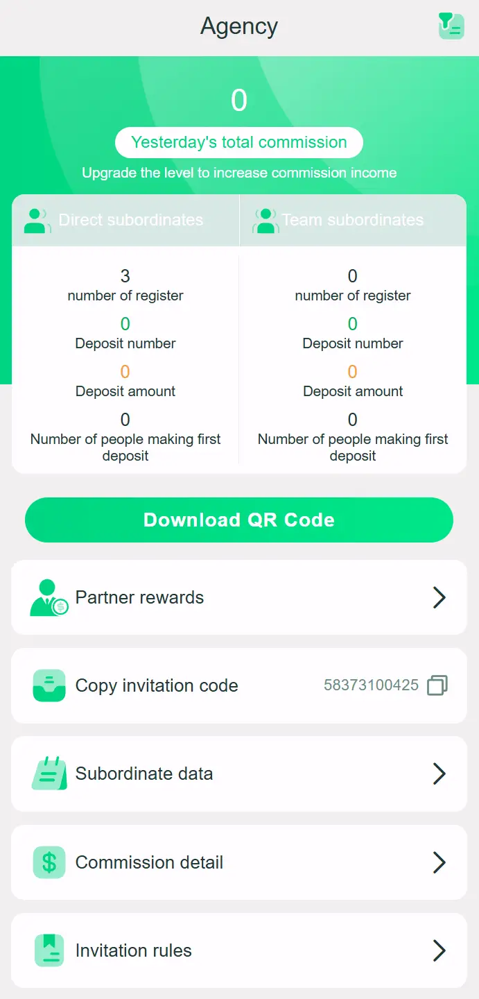 Yaar Win agency dashboard showing referral commission, direct and team subordinates