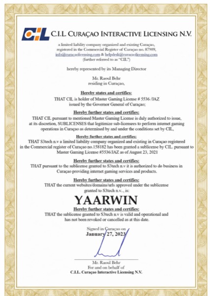 Yaar Win CIL Curacao License Certificate
