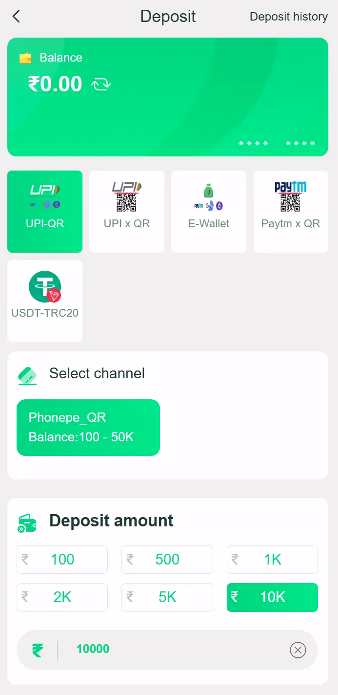 Yaar Win deposit page showing UPI, E-Wallet and USDT payment options