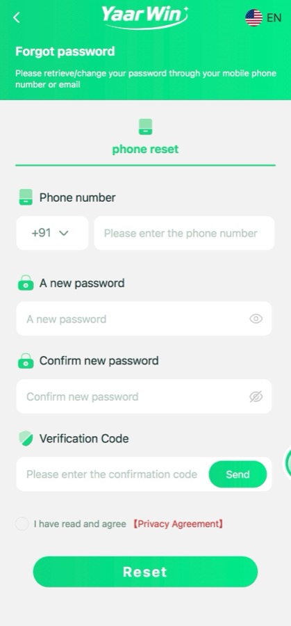 Yaar Win Forgot Password Screen – Phone Reset Form