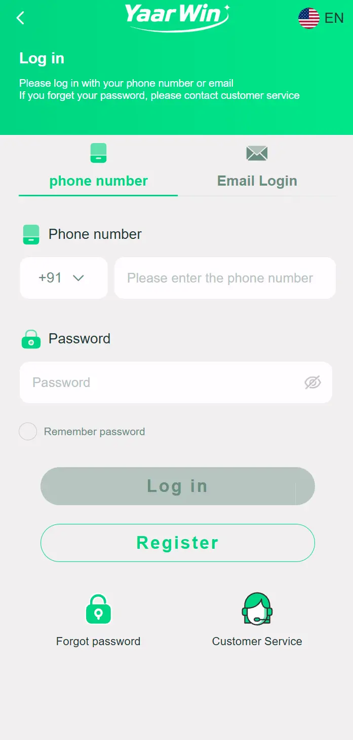 Yaar Win login screen with phone number and password fields