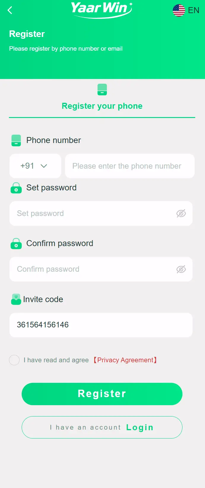 Yaar Win register screen with phone number, password and invite code fields